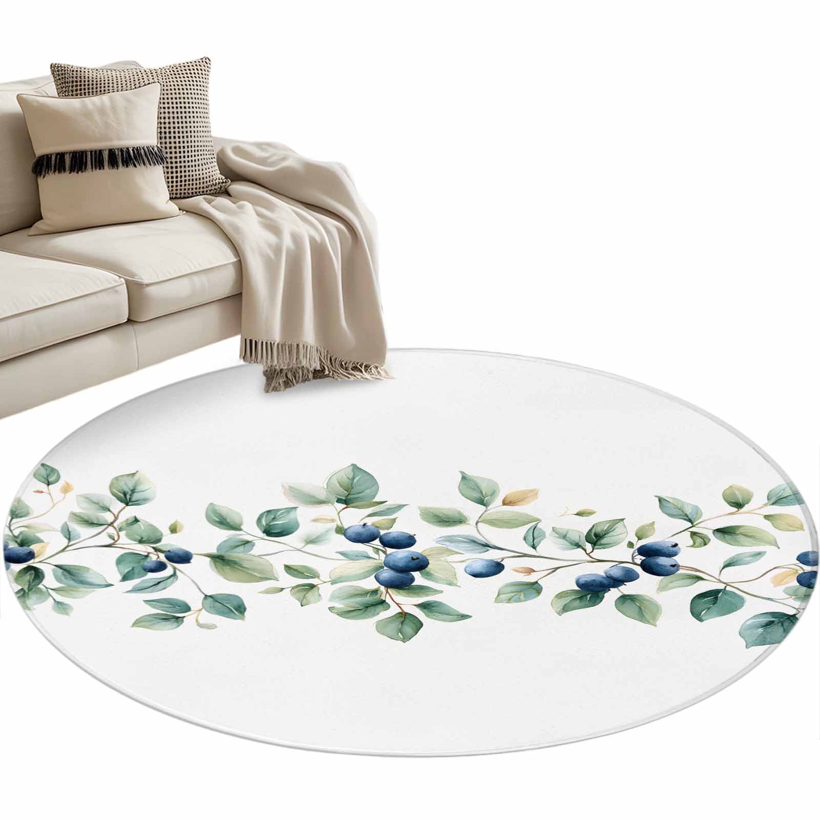 Blueberry Branch Round Area Rug 4ft Spring Green Leaf Plant Botanical ...
