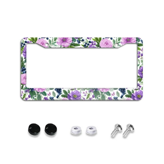 Blueberry and Floral License Plate Frames Universal Aluminum Tag Holder Cover with 2 Holes Screws for Front Rear Car Plate Decor 12x6 Inch for Women Men