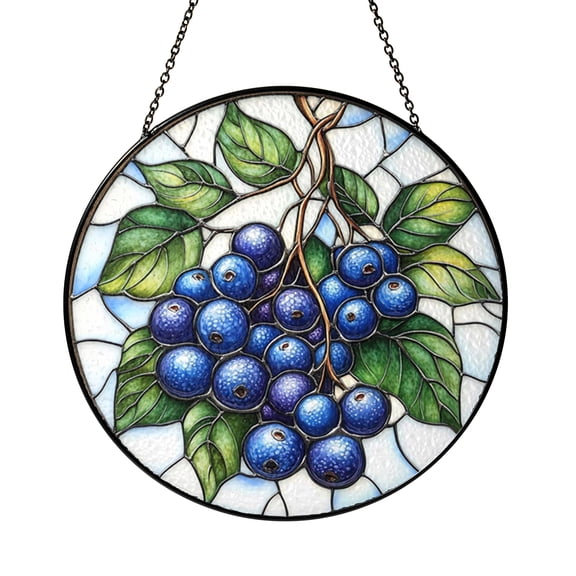 Blueberry Fruit Stained Glass Suncatcher Window Hanging Decor, Colorful Berry Sun Catcher Ornament for Kitchen Window Decoration, Botanical Fruit Inspired Decorative Art Gift