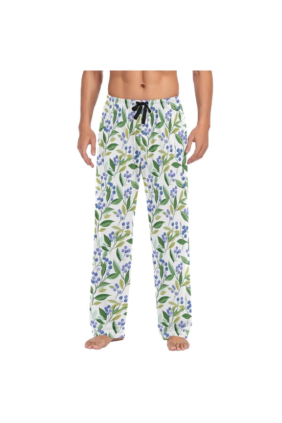 Blueberry Greens on White Background Mens Pajama Pant Sleep and Lounge Bottons with Pockets