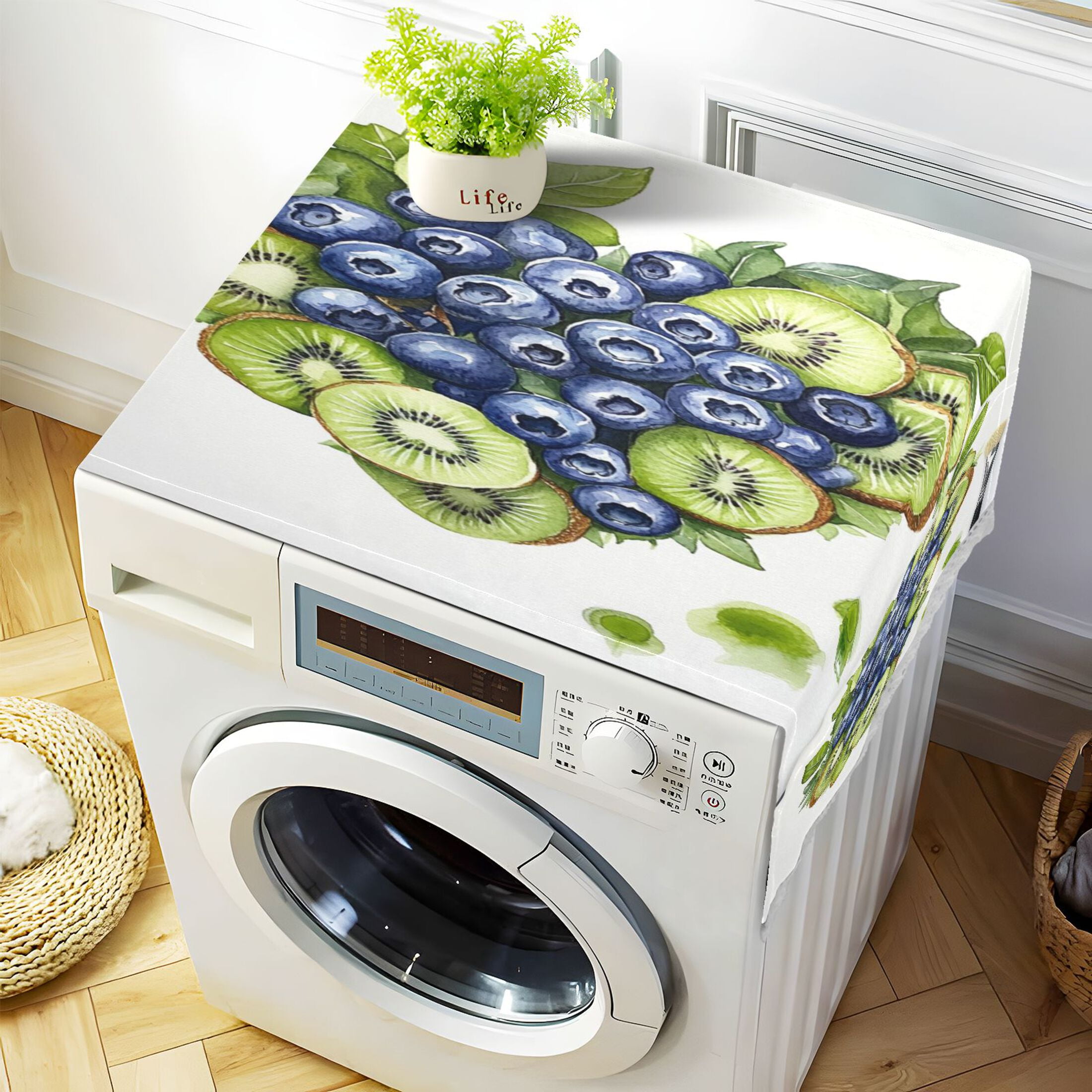 Blueberry Kiwi Fruit PlateWasher and Dryer Covers Dust-Proof and Oil Resistant Fridge Cover with 4 Storage Pockets Washing Machine Top Cover for Laundry Kitchen Home 51.2 x 22 In