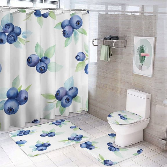 Blueberry Leaf Pattern Shower Curtain Set 4PCs with Hooks Waterproof Bathroom Toilet Mat Lid Decor