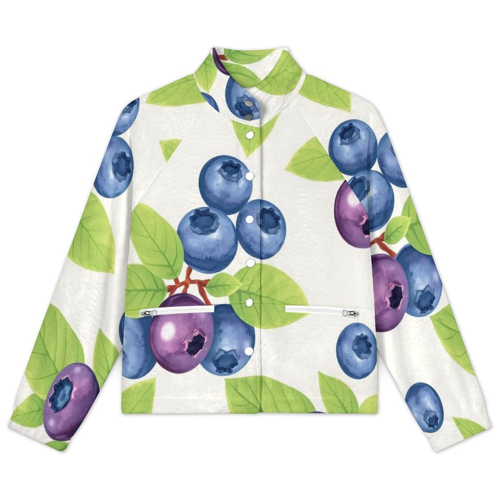 Blueberry Leaf Pattern Warm Women's Plush Jacket Stand Collar Full ...