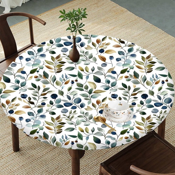 Blueberry Leaf Round Tablecloth – Fitted Circle Table Cover with Elastic Edge, Waterproof & Washable Polyester Table Cloth for 35" to 42" Indoor/Outdoor Tables