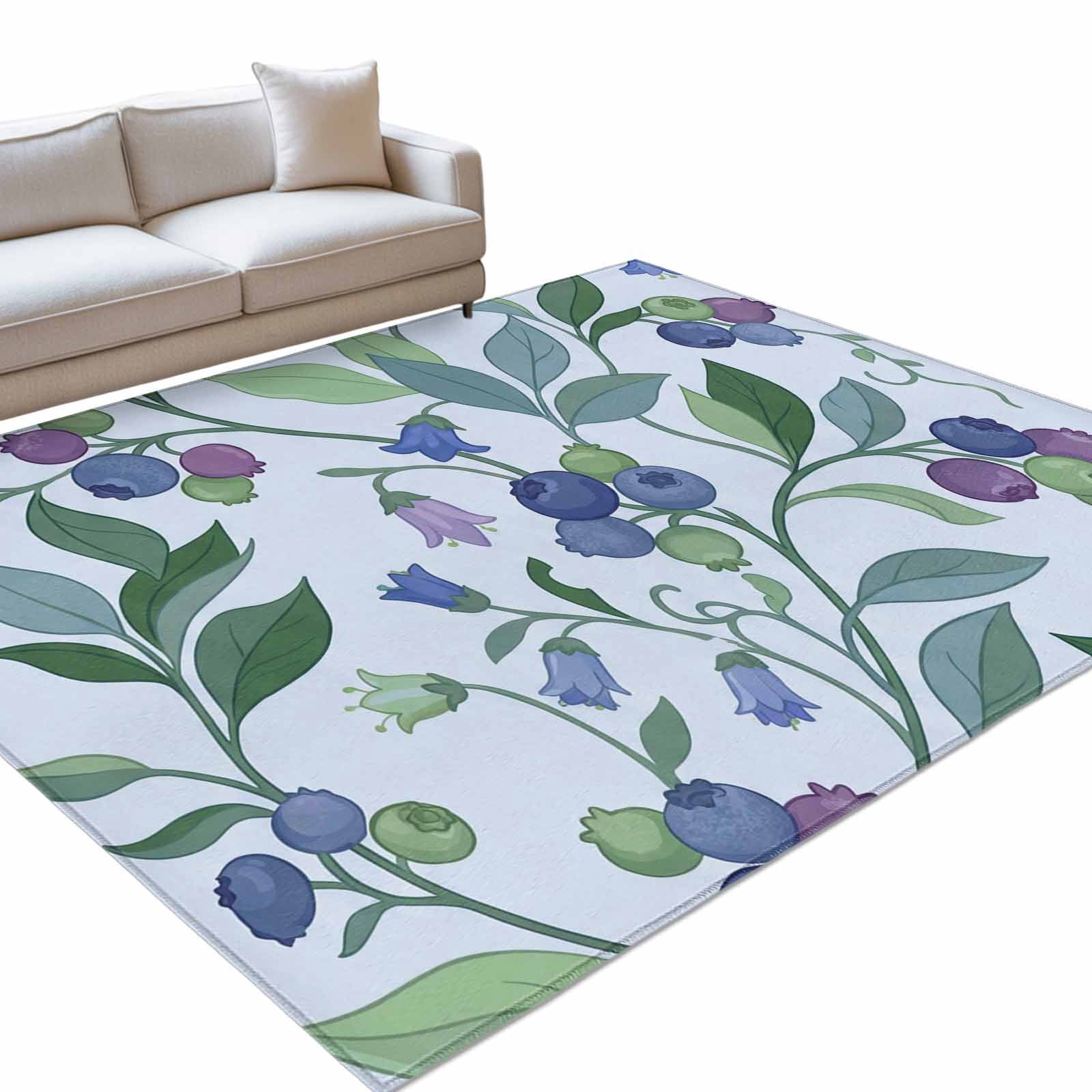 Blueberry Leaves 8x10ft Non Slip Area Rug Watercolor Blue Purple Fruit ...
