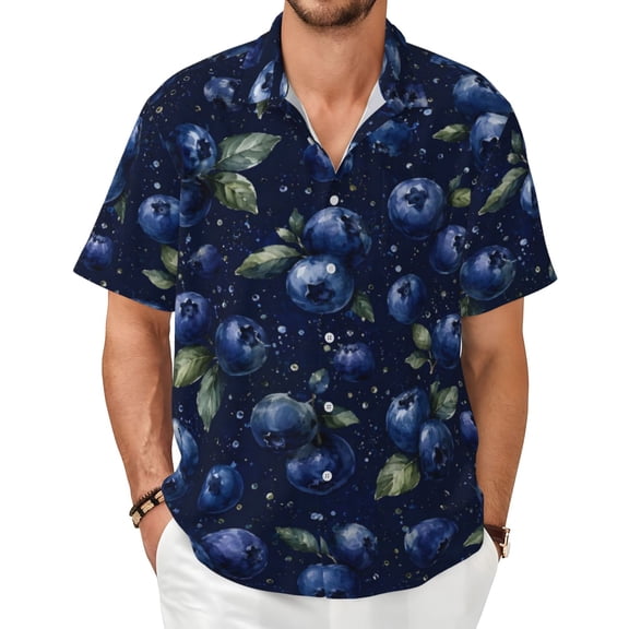 Blueberry Men's Shirts Short-Sleeved with All-Over Prints Button-Up Shirts