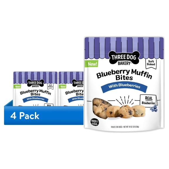 (4 pack) Three Dog Bakery Soft Baked Blueberry Muffin Bites Dog Treats, 18 oz