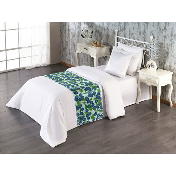 Blueberry Pattern Bed Runner, Simple Modern Leafy Designed Berry Pattern on Minty Back, Decorative Accent Bedding Scarf for Hotels Homes & Guest Rooms, Twin, Dark Lavender Fern Green, by Ambesonne