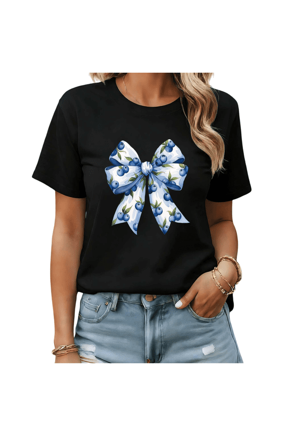 Blueberry Pattern Bow Graphic Tees Womans T shirt Black/White S-5XL Shirts Casual Daily Tops