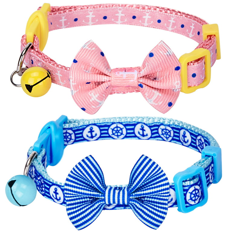 Blueberry Pet Pack of 2 Perfection Mix Match Designer Breakaway Cat Collar  for Girl & Boy with Bow Tie & Bell 