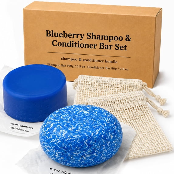Blueberry Scent Shampoo Bar & Conditioner Bar Set, Natural Solid Hair Soap with Mesh Storage Bags for Dry Damaged Hair Daily Hair Care