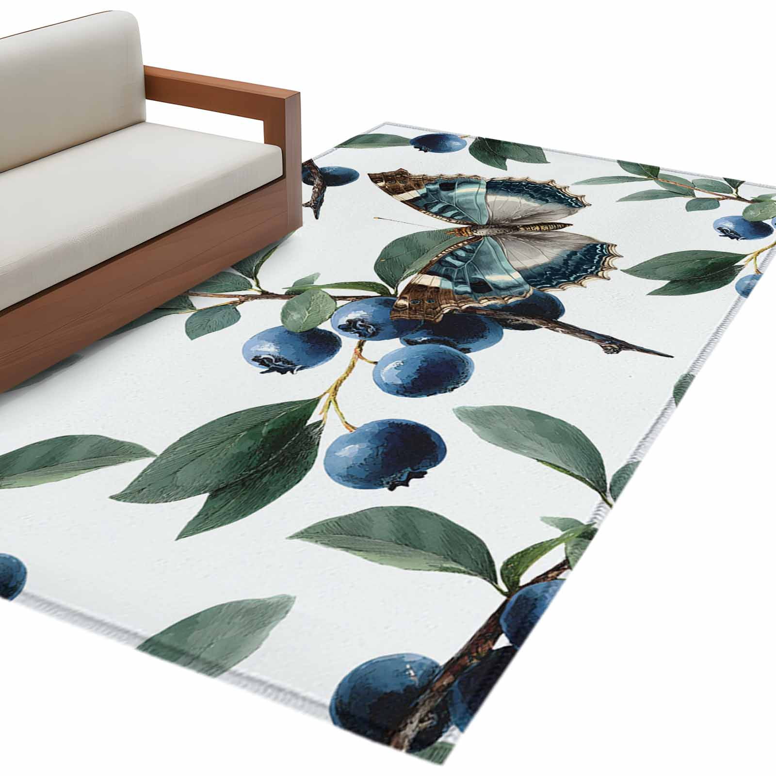 Fairview Spring Blue Rug Blueberry Spring Leaves Area Rugs Collection 3'x5', Farmhouse Botanical ...