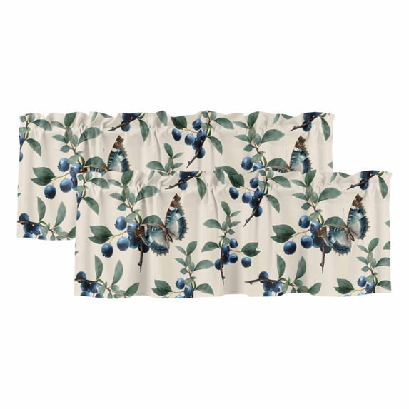 Blueberry Spring Leaves Curtain Valances for Windows, Kitchen Valance Window Treatments Panel 2 Pack, Beige Botanical Branches Rod Pocket Short Curtains for Bathroom Bedroom 60 x 18 Inch