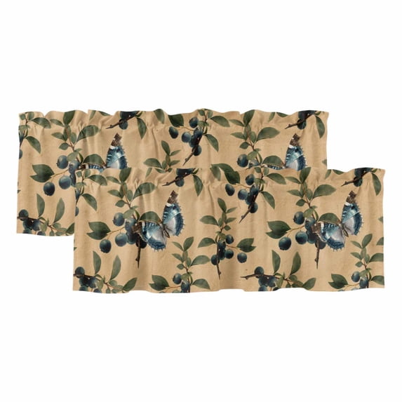 Blueberry Spring Leaves Curtain Valances for Windows, Kitchen Valance Window Treatments Panel 2 Pack, Brown Botanical Branches Rod Pocket Short Curtains for Bathroom Bedroom 42 x 12 Inch