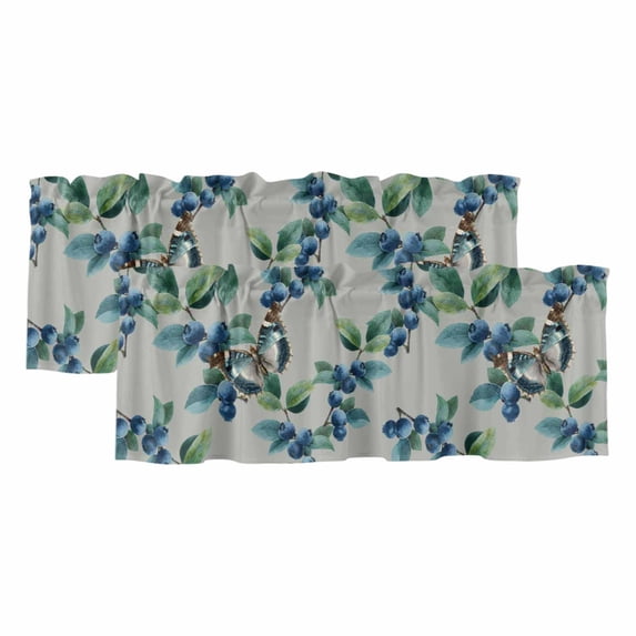Blueberry Spring Leaves Curtain Valances for Windows, Kitchen Valance Window Treatments Panel 2 Pack, Grey Botanical Branches Rod Pocket Short Curtains for Bathroom Bedroom 42 x 12 Inch