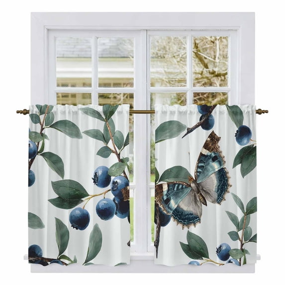 Blueberry Spring Leaves Kitchen Curtain for Berdoom Living Room Cafe 45 Inch Length, Farmhouse Botanical Branches Tiers Curtains Light Filtering Drapes Rod Pocket Window Treatment 2 Panels 52"Wx45"L