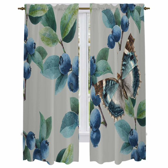 Blueberry Spring Leaves Kitchen Curtain for Berdoom Living Room Cafe 72 Inch Length, Grey Botanical Branches Tiers Curtains Light Filtering Drapes Rod Pocket Window Treatment 2 Panels 52"Wx72"L