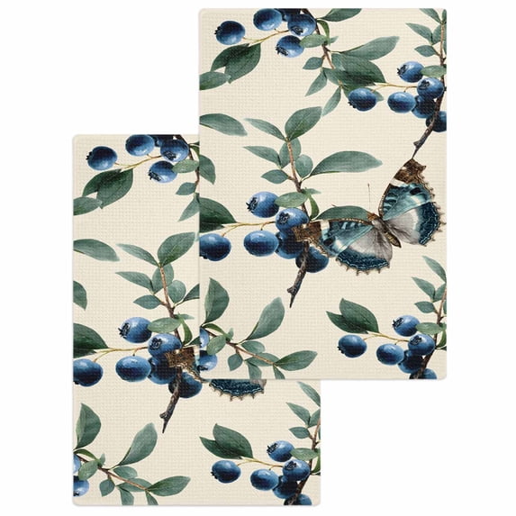 Blueberry Spring Leaves Kitchen Dish Towels for Drying Dishes Set of 2, Beige Botanical Branches Waffle Weave Microfiber Hand Tea Bathroom Towels Quick Dry & Absorbent Towel 15.7x23.6