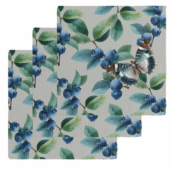 Blueberry Spring Leaves Kitchen Dish Towels for Drying Dishes Set of 3, Grey Botanical Branches Waffle Weave Microfiber Hand Tea Bathroom Towels Quick Dry & Absorbent Towel 12x12