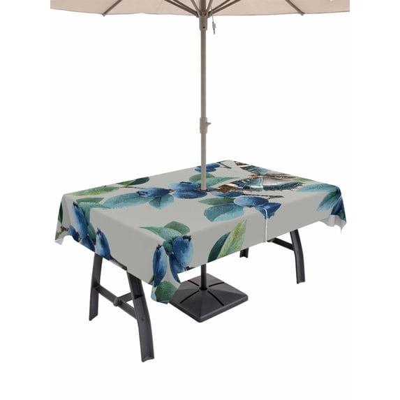 Blueberry Spring Leaves Outdoor Tablecloth - 60x102 Inch Rectangle Dining Table Cover, Grey Botanical Branches Waterproof Outdoor Table Cloth with Umbrella Hole & Zipper for Picnic/Patio/Party