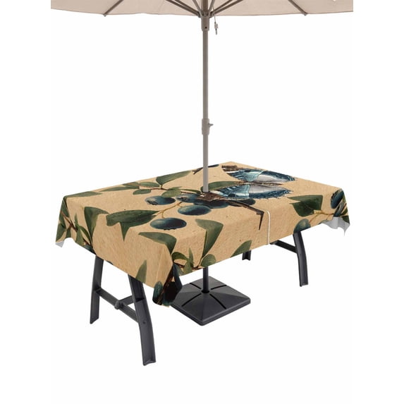 Blueberry Spring Leaves Outdoor Tablecloth - 60x120 Inch Rectangle Dining Table Cover, Brown Botanical Branches Waterproof Outdoor Table Cloth with Umbrella Hole & Zipper for Picnic/Patio/Party