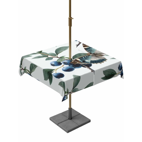 Blueberry Spring Leaves Outdoor Tablecloth - 60x60 Inch Square Dining Table Cover, Farmhouse Botanical Branches Waterproof Outdoor Table Cloth with Umbrella Hole & Zipper for Picnic/Patio/Party