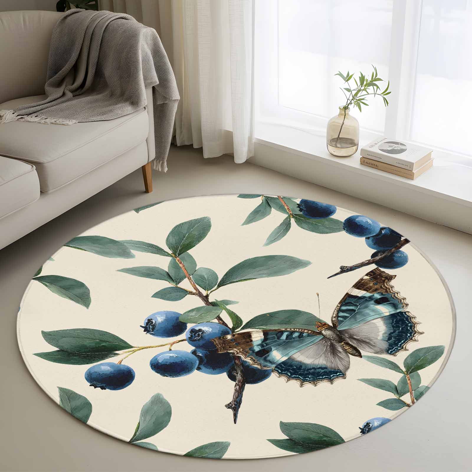 Blueberry Spring Leaves Round Area Rug 3.3Ft Washable Circle Rugs for ...