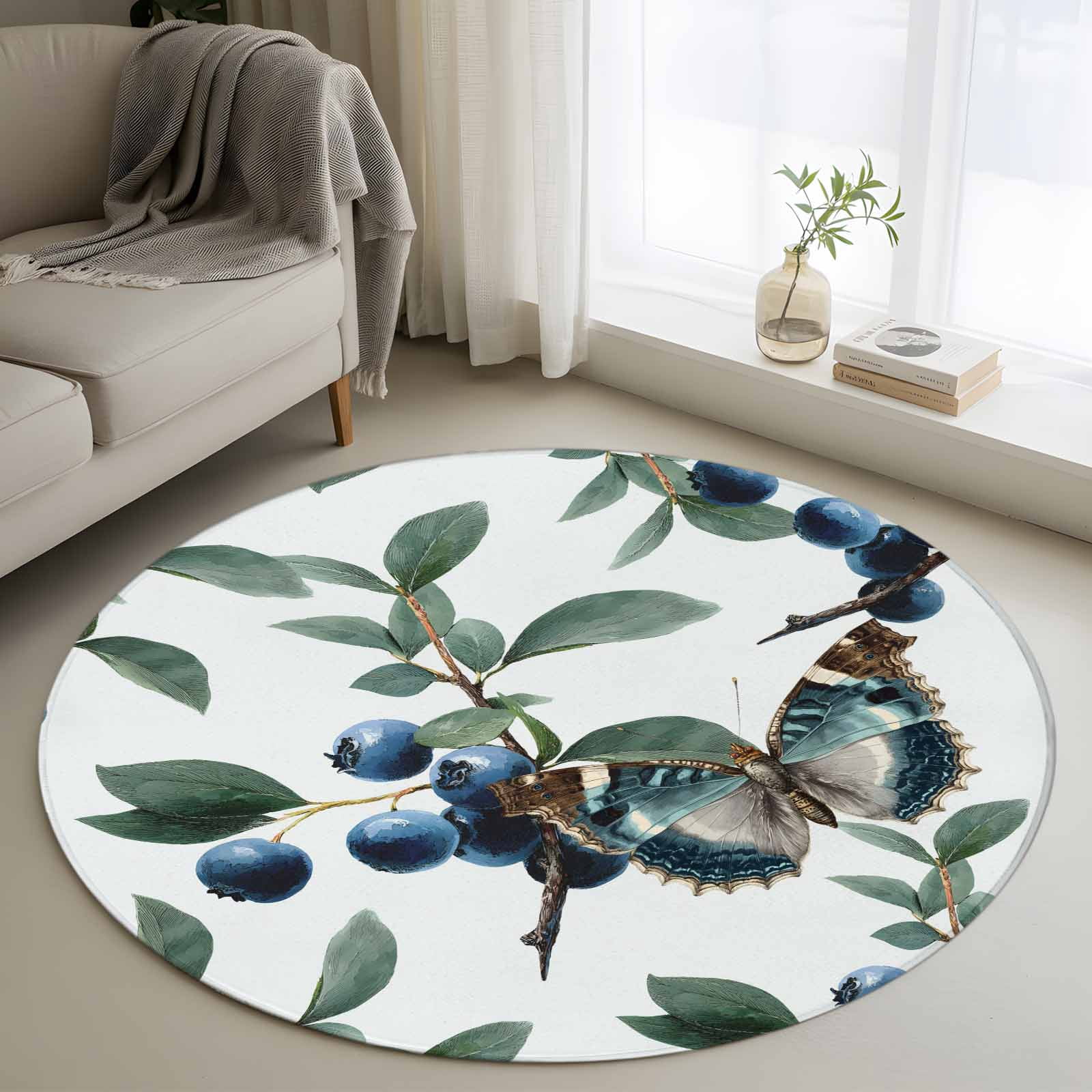 Blueberry Spring Leaves Round Area Rug 3.3Ft Washable Circle Rugs for ...