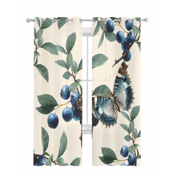 Blueberry Spring Leaves Sheer Curtains 84 Inch Length 2 Panels Set for Living Room/Bedroom, Beige Botanical Branches Kitchen Curtains Grommet Semi-Sheer Curtains Drapes Window Treatments 52"x84"x2