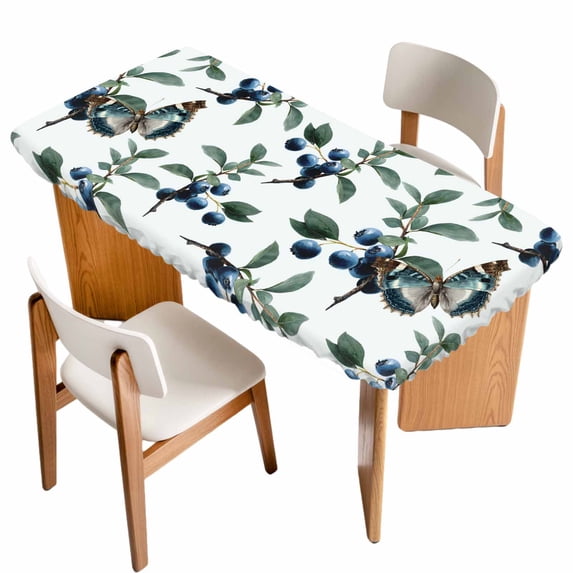 Blueberry Spring Leaves Table Cloths for 3 Foot Rectangle Tables, Farmhouse Botanical Branches Patio Waterproof Elastic Fitted Tablecloths, Washable Rectangular Table Cover for Camping