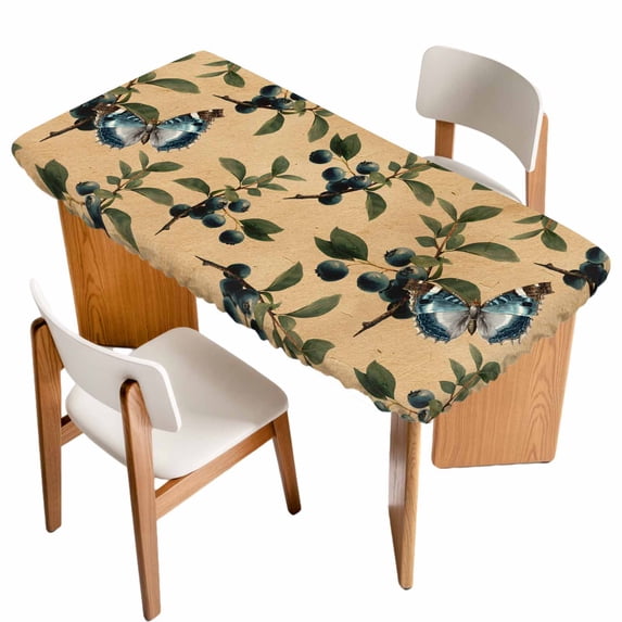 Blueberry Spring Leaves Table Cloths for 5 Foot Rectangle Tables, Brown Botanical Branches Patio Waterproof Elastic Fitted Tablecloths, Washable Rectangular Table Cover for Camping