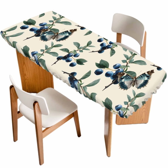 Blueberry Spring Leaves Table Cloths for 8 Foot Rectangle Tables, Beige Botanical Branches Patio Waterproof Elastic Fitted Tablecloths, Washable Rectangular Table Cover for Camping