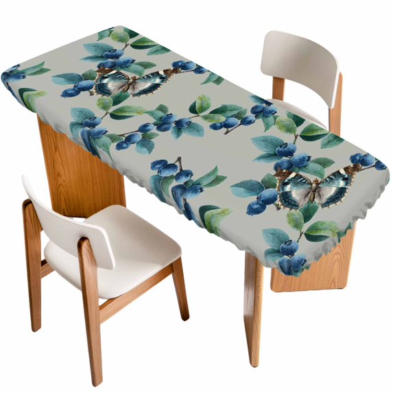 Blueberry Spring Leaves Table Cloths for 8 Foot Rectangle Tables, Grey Botanical Branches Patio Waterproof Elastic Fitted Tablecloths, Washable Rectangular Table Cover for Camping