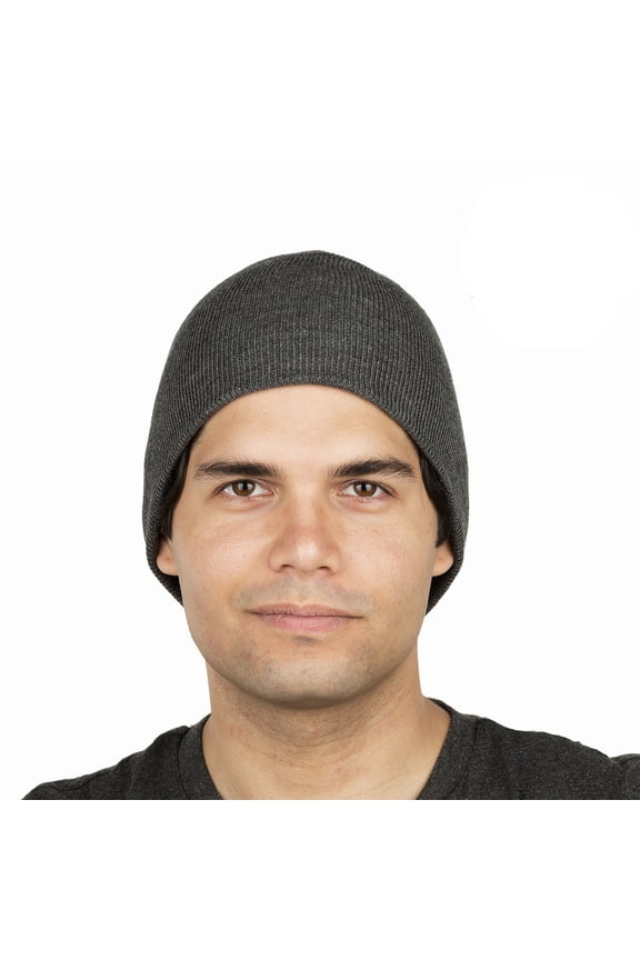 8" Stretch Beanie Watch Hat -Acrylic Rib Knit Winter Skully Cap (Charcoal Grey)