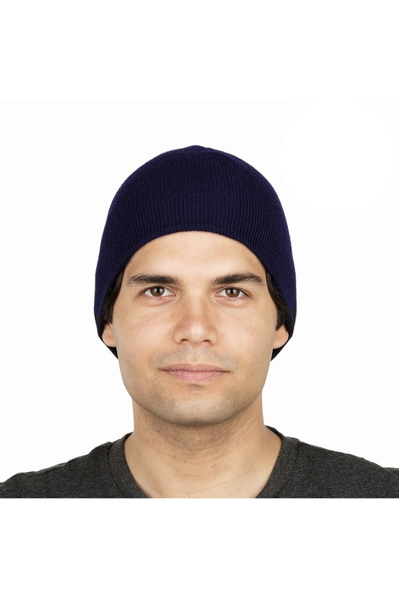 8" Stretch Beanie Watch Hat -Acrylic Rib Knit Winter Skully Cap (Navy Blue)
