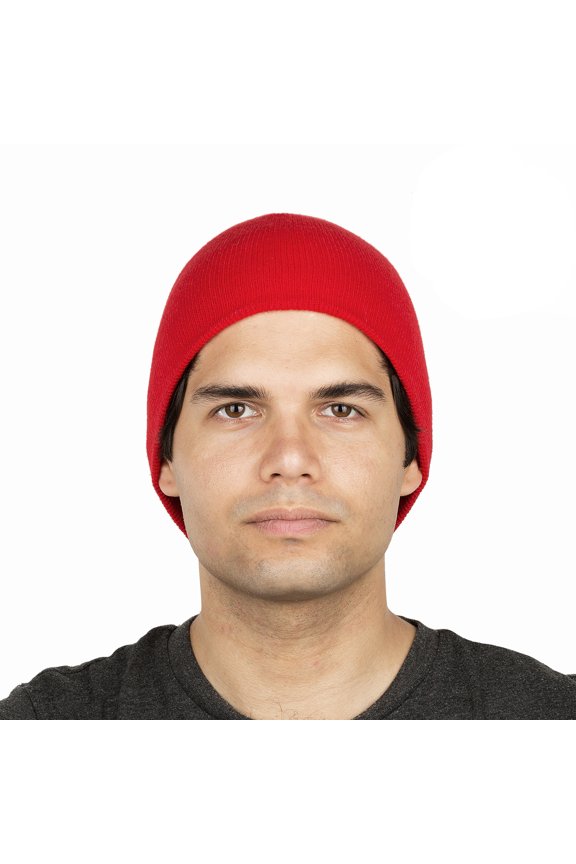 8" Stretch Beanie Watch Hat -Acrylic Rib Knit Winter Skully Cap (Red)