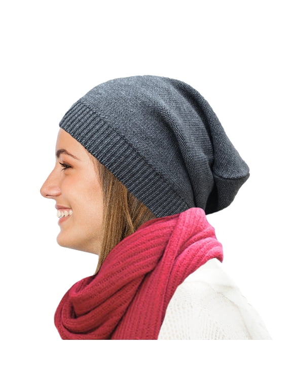 Merino Wool Slouchy Beanie for Men and Women Oversized Wide Beanie Winter Hat - Baggy Slouch Dreadlock Cap, Ponytail (Grey)