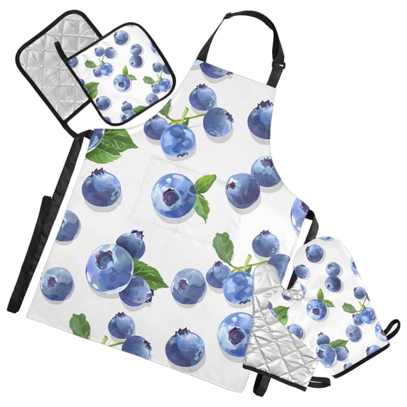 Blueberry and Leaf 5 Pcs Kitchen Set Heat Resistant Oven Mitts and Non-Slip Pot Holders with Adjustable Cooking Apron