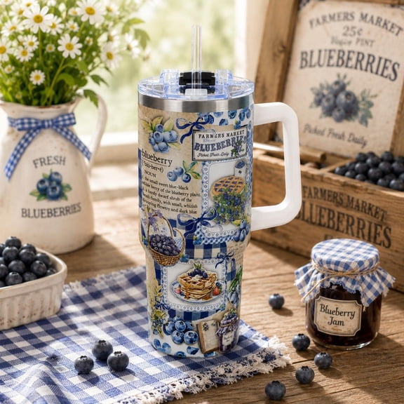 Blueberry tumbler, Aesthetic Blue Fruit Collage Cup, Cute Summer tumbler, Gift for Her, Stainless Steel Handle tumb