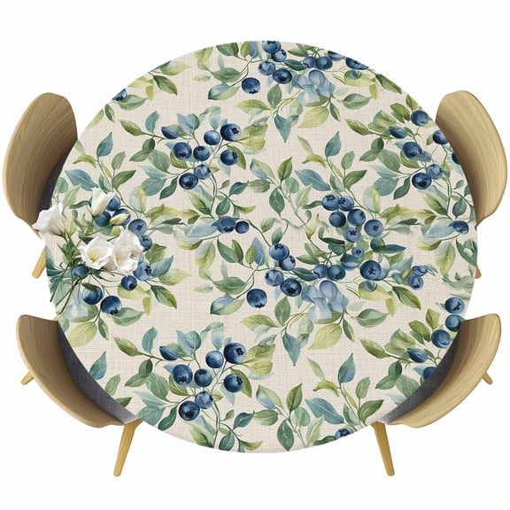 Blueberrys Leaves Round Tablecloth 36-44 Inch Round Fitted Table Cloth with Elastic Edge, Farmhouse Retro Botanical Plants Waterproof Table Cover Protector for Outdoor Picnic Party Dining