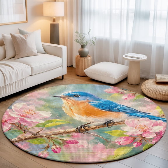 Bluebird 7' Round Rugs for Living Room Conversation Area, Rustic Country Pink Cherry Blossom Floral Petal Twig Washable Non Slip Large Circle Area Rug Under Dining Table