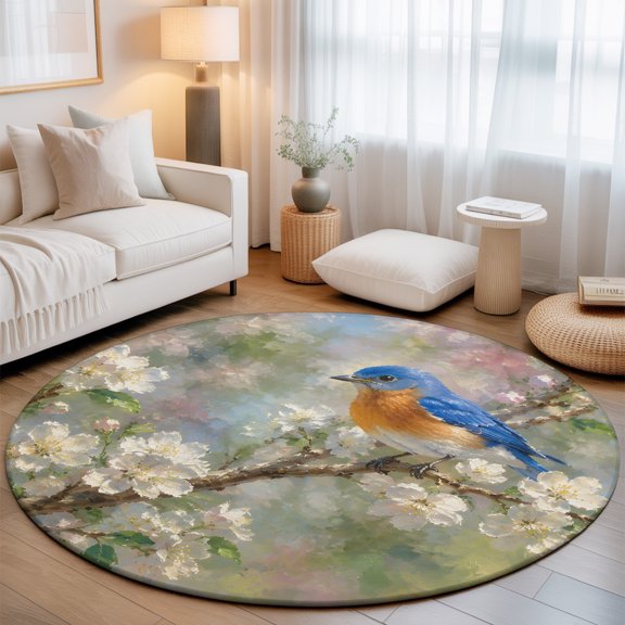 Bluebird 7' Round Rugs for Living Room Conversation Area, Rustic French Country White Floral Bud Blossom Branch Washable Non Slip Large Circle Area Rug Under Dining Table