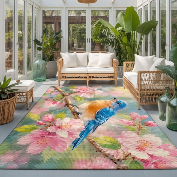 Bluebird 9'x12' Area Rugs for Living Room Sectional Sofa, Rustic Country Pink Cherry Blossom Floral Petal Twig Washable Sturdy Non Slip Soft Sturdy Rectangle Home Area Rug