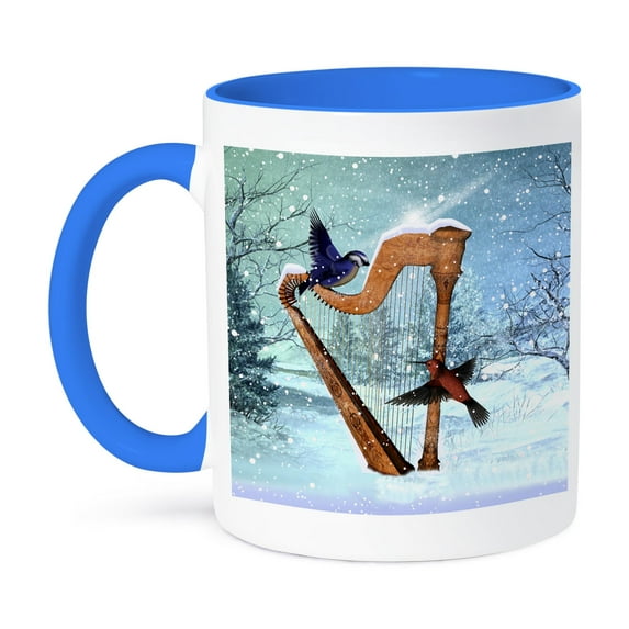 3dRose, Bluebird And Hummingbird With A Harp In The Snow, 11oz Two-Tone Blue Mug