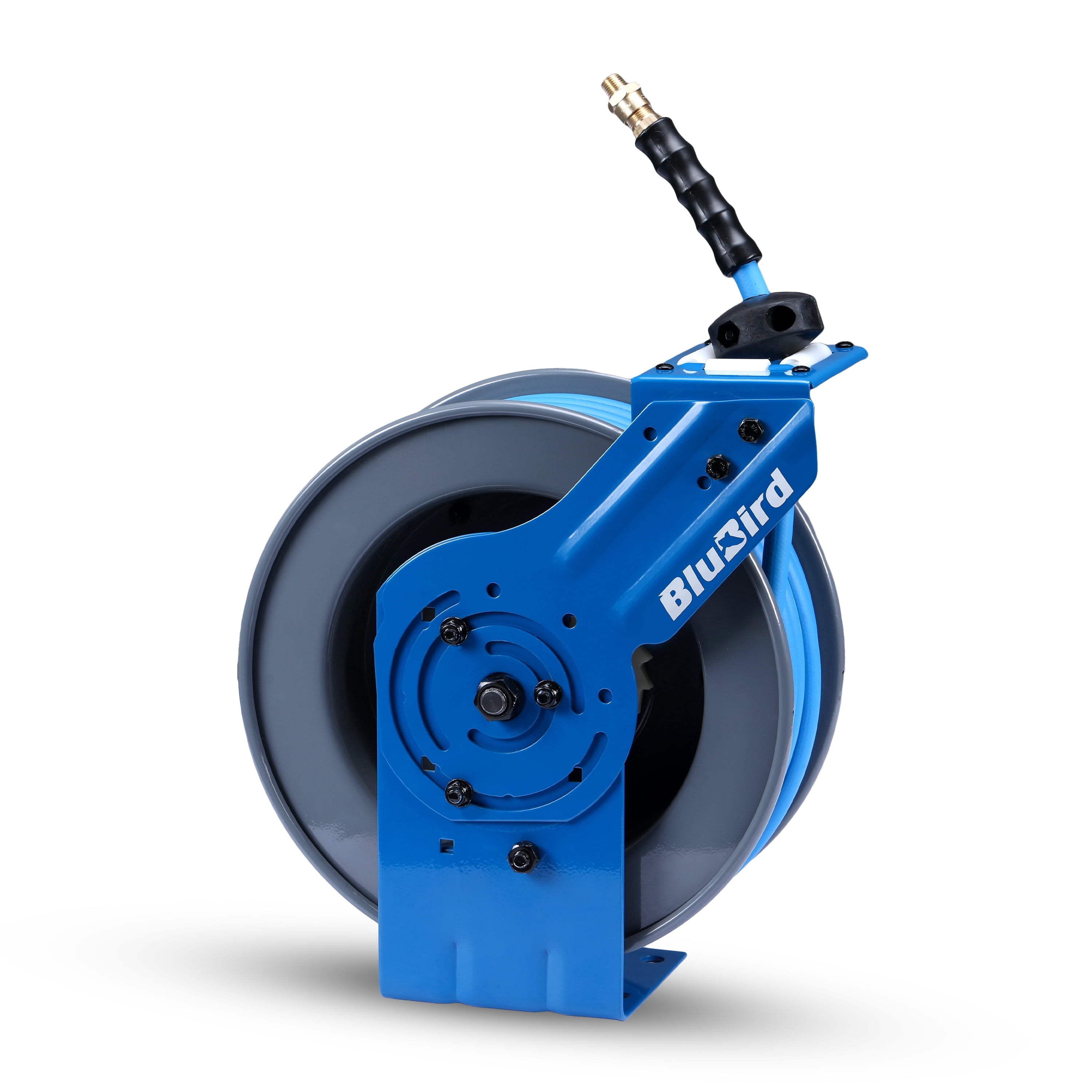 BluBird 3/8" x 50' Retractable Air Hose Reel – All-In-One Patented Design with 5-in-1 Coupler, 180° Swivel Mount, Heavy-Duty Steel, Rubber Hose, Auto Rewind