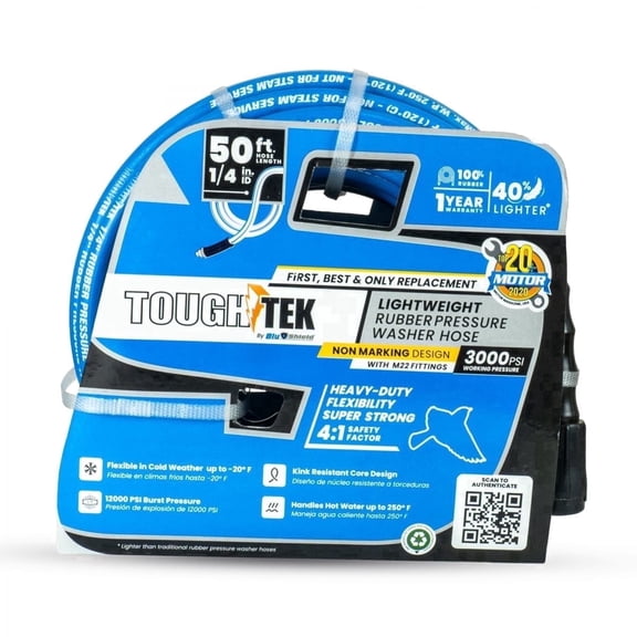 Blu Shield Tough-Tek Replacement Pressure Washer Rubber Hose 1/4" x 50', M22 Fittings, 3100 PSI, Non Marking, Hot/ Cold Replacement for Ryobi, Troy Bilt, Greenworks, CRAFTSMAN