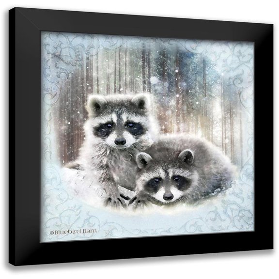 Bluebird Barn 12x12 Black Modern Framed Museum Art Print Titled - Enchanted Winter Raccoons