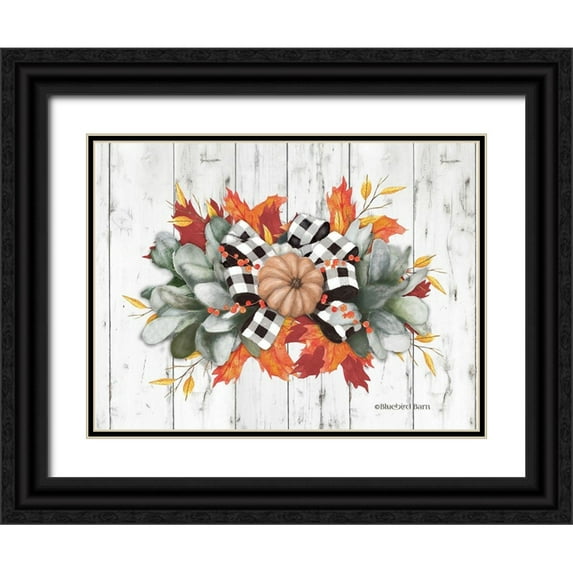 Bluebird Barn 14x12 Black Ornate Wood Framed with Double Matting Museum Art Print Titled - Orange Pumpkin Swag