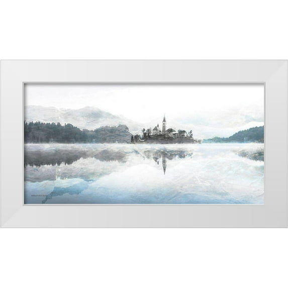 Bluebird Barn 18x11 White Modern Wood Framed Museum Art Print Titled - Lake Escape with Village