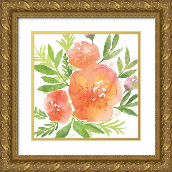 Bluebird Barn 26x26 Gold Ornate Wood Framed with Double Matting Museum Art Print Titled - Peachy Floral I